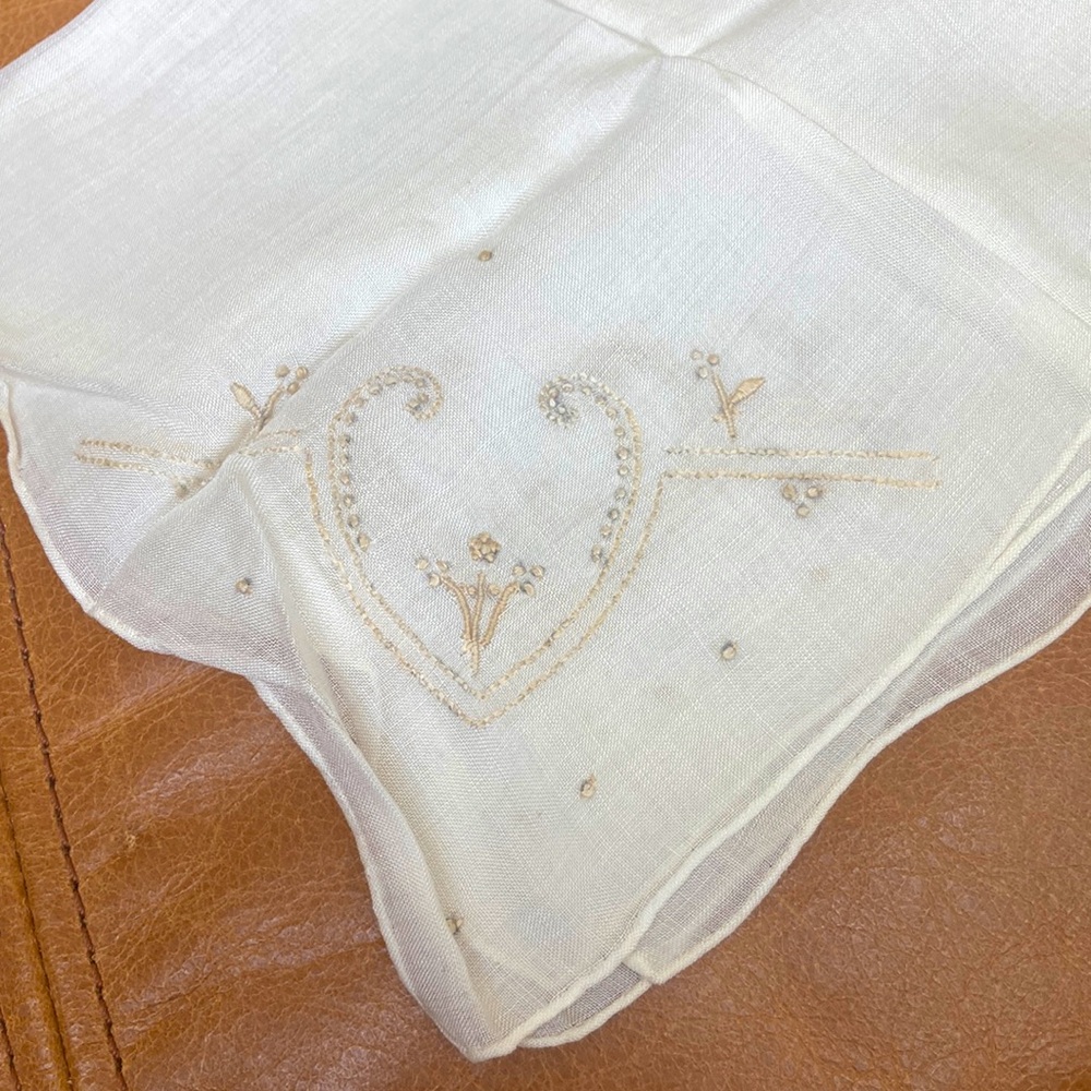 Embroidered Cream handkerchief. Art nouveau taupe embroidery